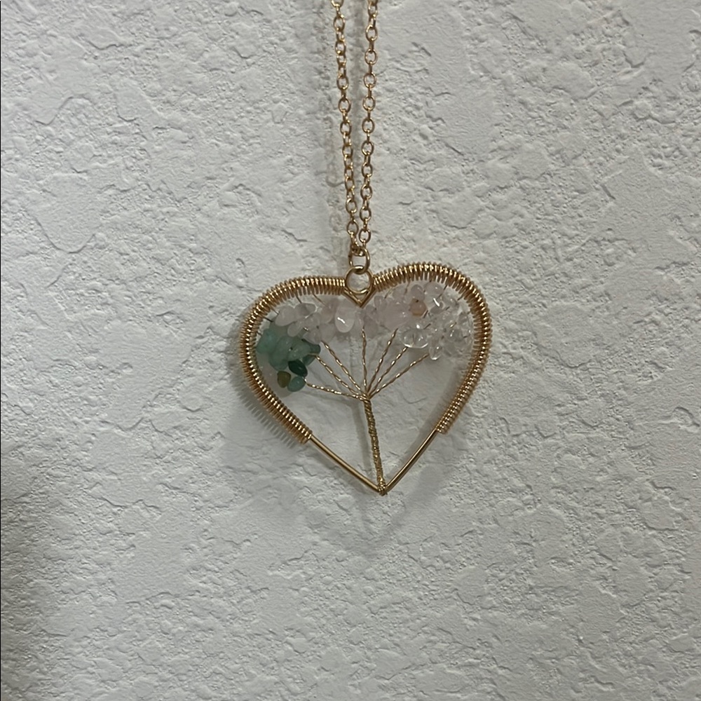 Green Botanical Heart Necklace + Earrings in Gold